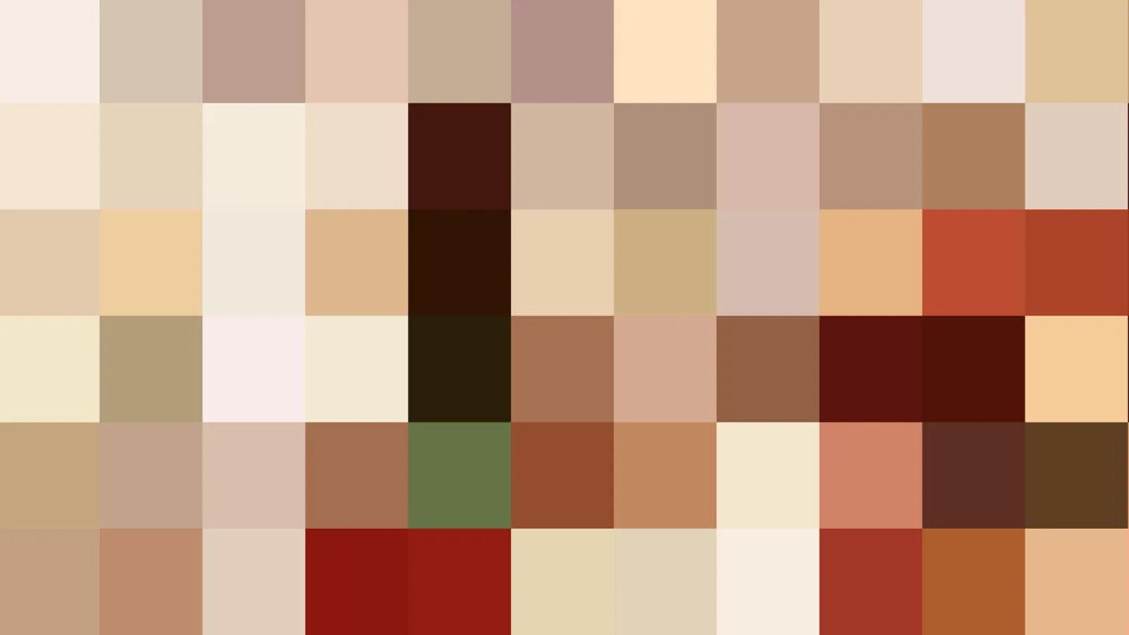 Verpixeltes Mosaik aus Hauttönen, Braun, Beige und Rottönen in einem Raster aus farbigen Blöcken.