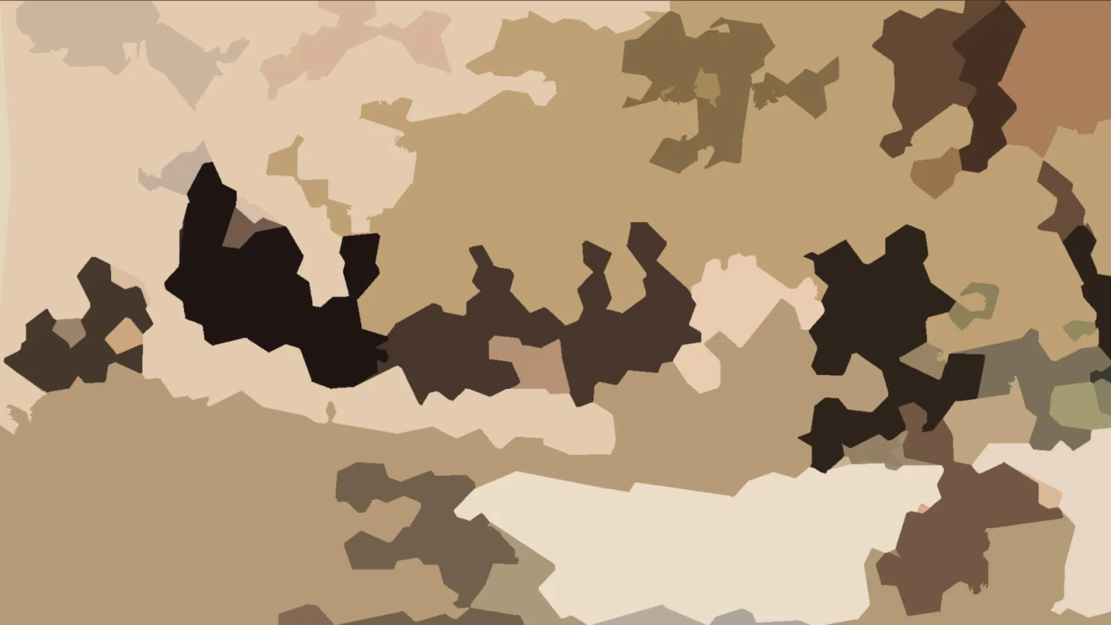 Abstrakte Komposition aus unregelmäßigen, flachen Formen in Beige, Sand, Braun und Dunkelbraun, dicht nebeneinander angeordnet.