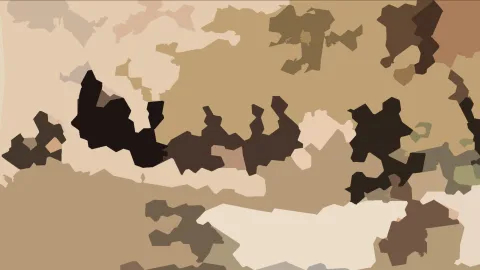 Abstrakte Komposition aus unregelmäßigen, flachen Formen in Beige, Sand, Braun und Dunkelbraun, dicht nebeneinander angeordnet.