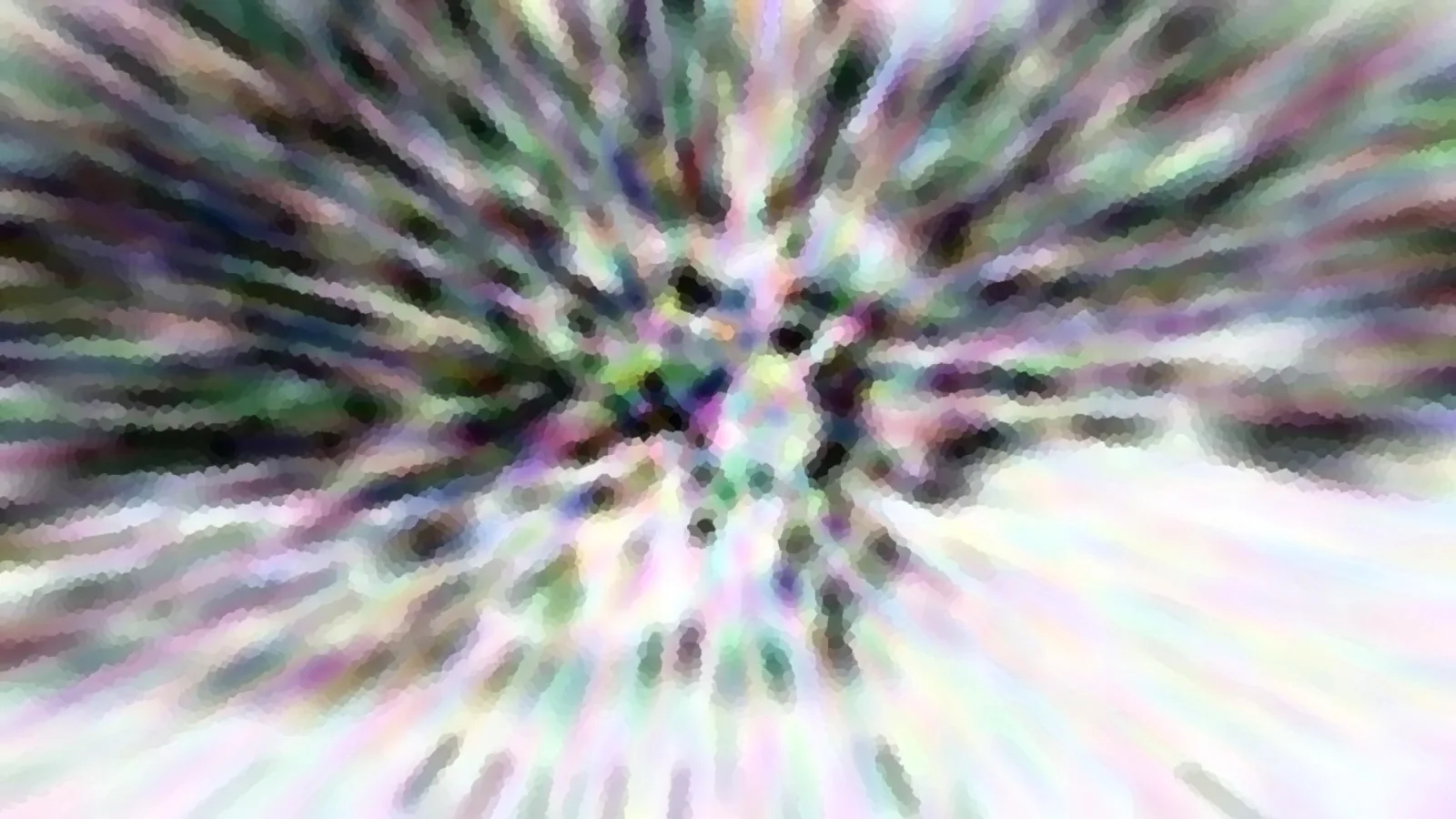 Abstraktes Bild mit radial verwischten Schlieren in Grün, Lila und Weiß, im Zentrum dunkle Flecken.