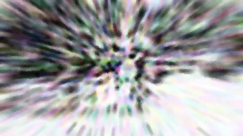 Abstraktes Bild mit radial verwischten Schlieren in Grün, Lila und Weiß, im Zentrum dunkle Flecken.