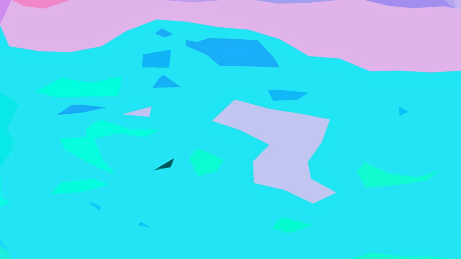 Abstrakte Komposition aus flachen, unregelmäßigen Formen in Cyan, Mintgrün, Lavendel und Pink auf hellblauem Grund.