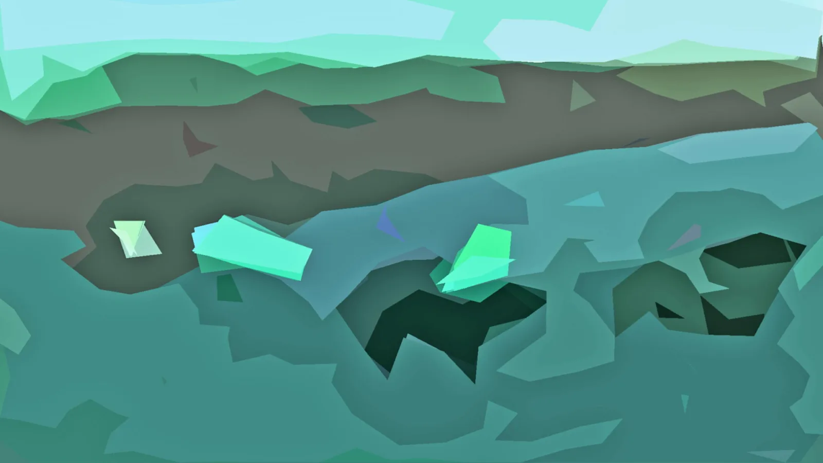 Abstrakte Landschaft aus flachen, kantigen Flächen in Türkis, Grün und Braun, mit hellen Lichtsplittern im Vordergrund und dunklen Schatten in der Mitte.
