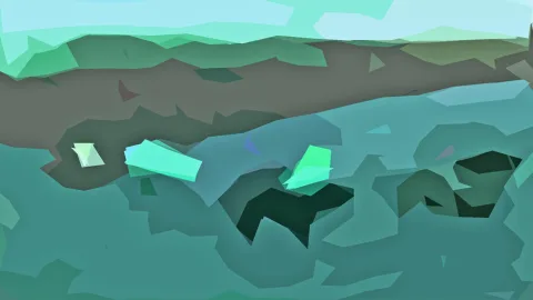 Abstrakte Landschaft aus flachen, kantigen Flächen in Türkis, Grün und Braun, mit hellen Lichtsplittern im Vordergrund und dunklen Schatten in der Mitte.