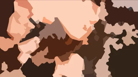 Abstrakte Komposition aus unregelmäßigen, flächigen Formen in Braun-, Beige- und Pfirsichtönen mit dunklen Bereichen am unteren und rechten Rand.