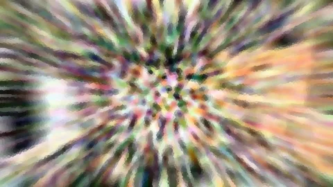 Abstrakte, radial verzerrte Komposition aus bunten Farbstreifen, die von einem hellen Zentrum nach außen strahlen, mosaikartig gepixelt.