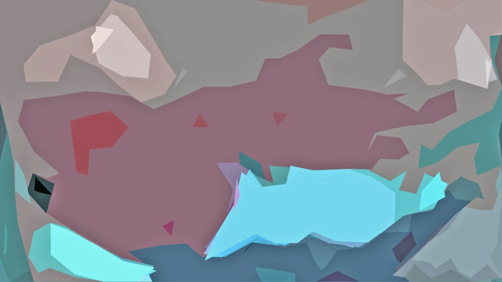 Abstraktes Bild aus flachen, kantigen Farbflächen in Mauve, Grau und Türkis, mit einer großen hellblauen Form im unteren Mitteldrittel.