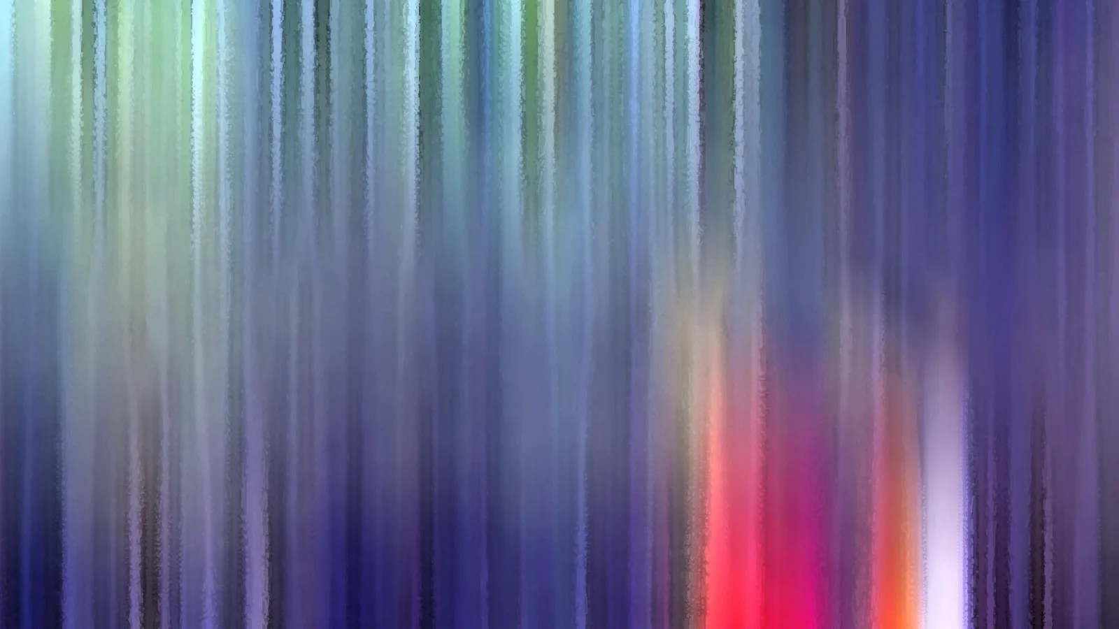 Abstrakte Komposition aus vertikalen, verwischten Streifen in Blau, Violett und Grün, rechts unten ein leuchtender roter und weißer Akzent.