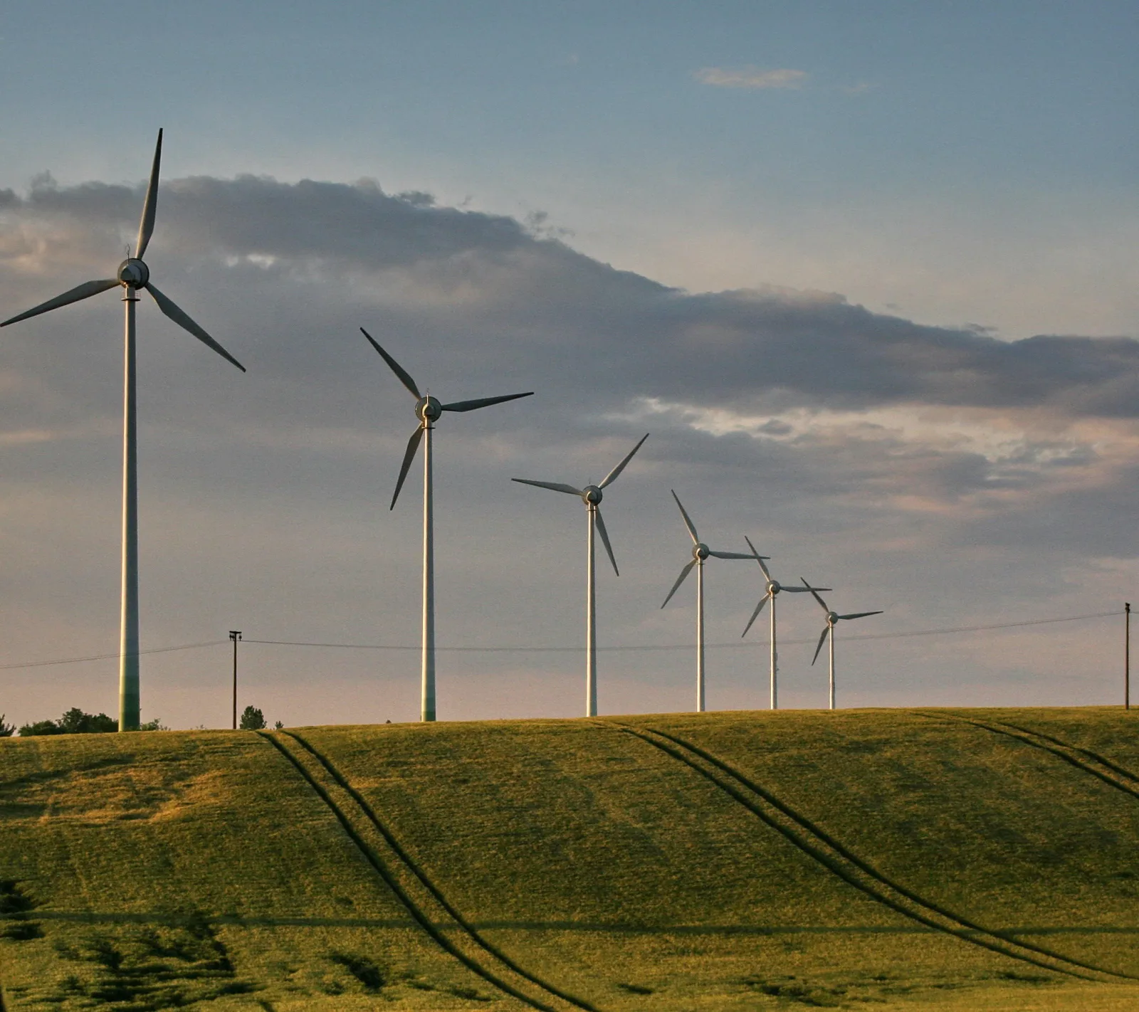 Sechs Windkraftanlagen stehen in einer Reihe auf einem grünen Hügel unter bewölktem Himmel.