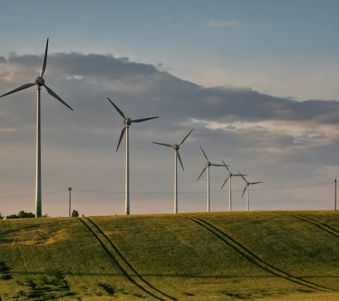 Sechs Windkraftanlagen stehen in einer Reihe auf einem grünen Hügel unter bewölktem Himmel.