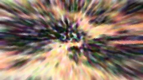 Abstrakte, radiale Zoomunschärfe mit Farbstreifen in Grün, Rosa, Gelb und Violett, die von einem dunklen Zentrum nach außen strahlen.
