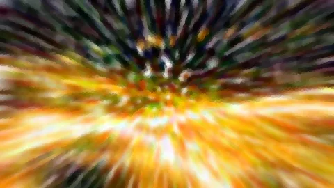 Abstrakte Komposition aus radial verlaufenden, verwischten Streifen in Orange, Gelb, Grün und Dunkelblau, die von einem hellen Zentrum nach außen strahlen.