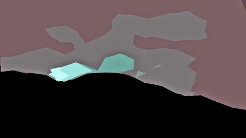 Abstrakte digitale Komposition mit türkisfarbenen kristallinen Formen vor einem rosafarbenen Hintergrund mit grauen Flächen, unten begrenzt durch eine schwarze Silhouette.