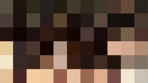 Grobes Pixelraster aus Hauttönen, Erdbraun und fast schwarzen Feldern in waagerechten Reihen.