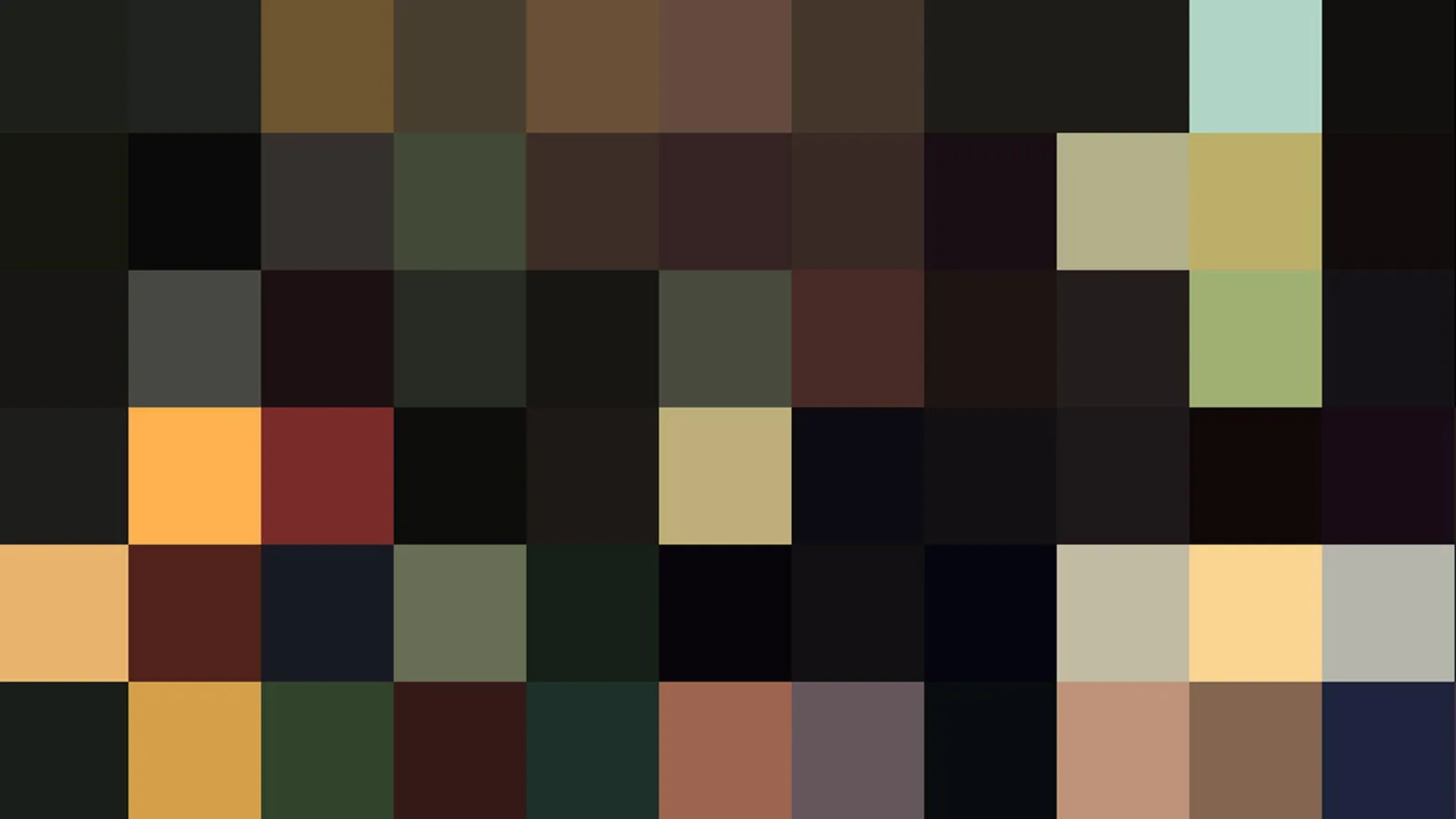 Abstraktes Bild aus einem Raster kleiner, farbiger Quadrate, überwiegend dunkel, mit einzelnen orangen, gelben, grünen und hellblauen Feldern.