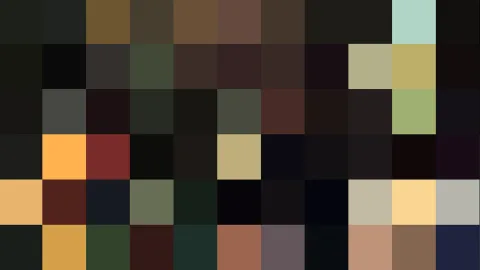 Abstraktes Bild aus einem Raster kleiner, farbiger Quadrate, überwiegend dunkel, mit einzelnen orangen, gelben, grünen und hellblauen Feldern.