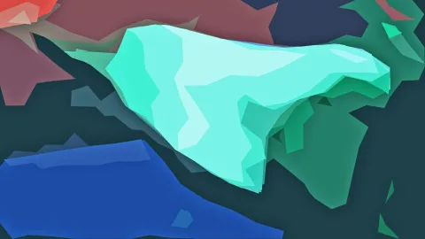 Abstrakte Komposition aus flachen, kantigen Formen in Mintgrün, Blau, Rot und Dunkelgrün auf dunklem Grund