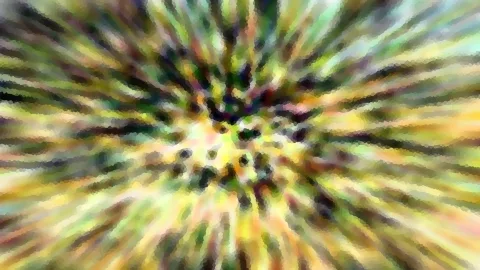 Abstrakte Komposition aus radial von der Mitte nach außen laufenden Streifen in Gelb, Grün und Dunkelgrau, mit mosaikartigen Pixeln