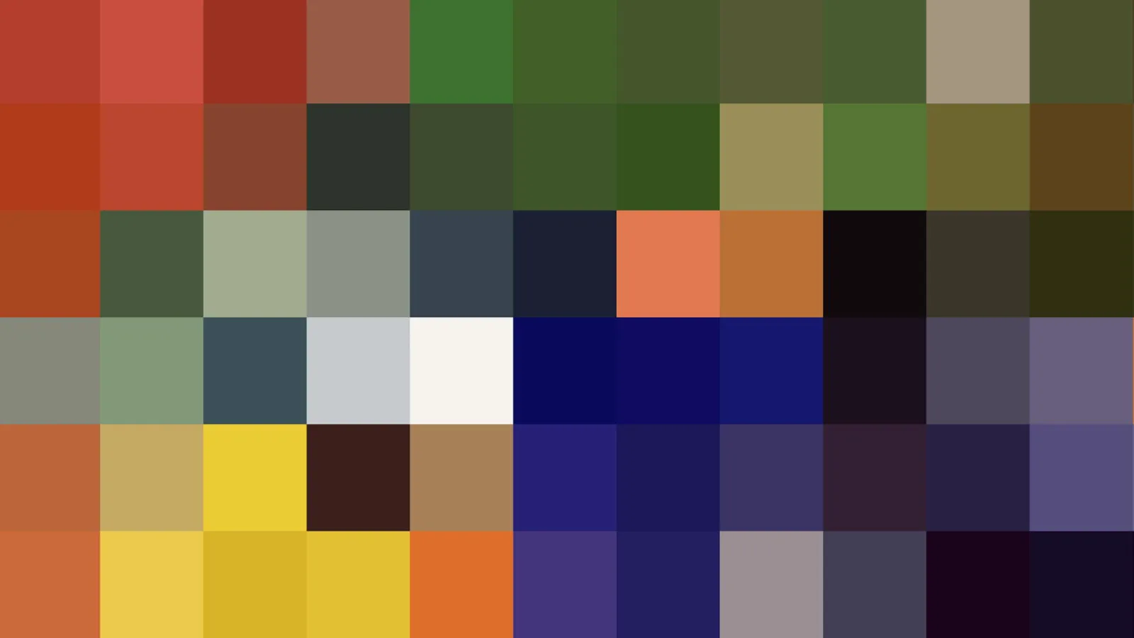 Mosaik aus quadratischen Farbfeldern in einem Raster, oben links warmes Rot, in der Mitte Grün und Olivtöne, unten rechts dunkles Blau und Violett.