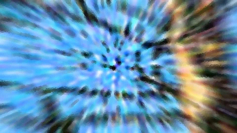 Abstrakte Komposition aus blauen, türkisfarbenen und gelben Schlieren, die von einem dunklen Zentrum radial nach außen strahlen.