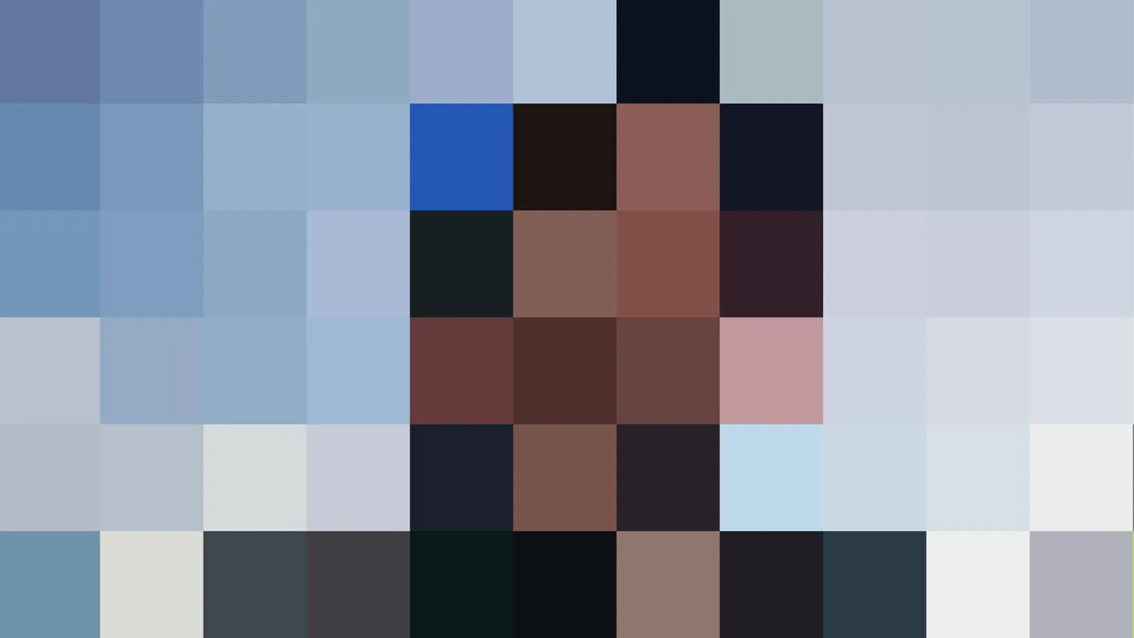 Verpixeltes Porträt vor blau-grauem Hintergrund, in der Mitte dunkles Haar und Hauttöne in grobe Quadrate aufgelöst.