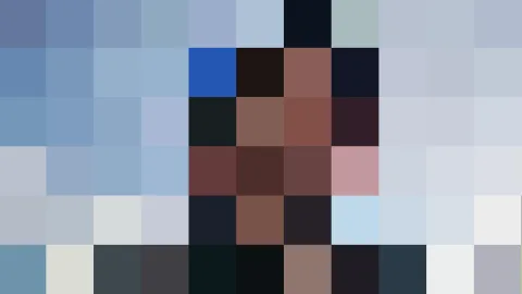 Verpixeltes Porträt vor blau-grauem Hintergrund, in der Mitte dunkles Haar und Hauttöne in grobe Quadrate aufgelöst.