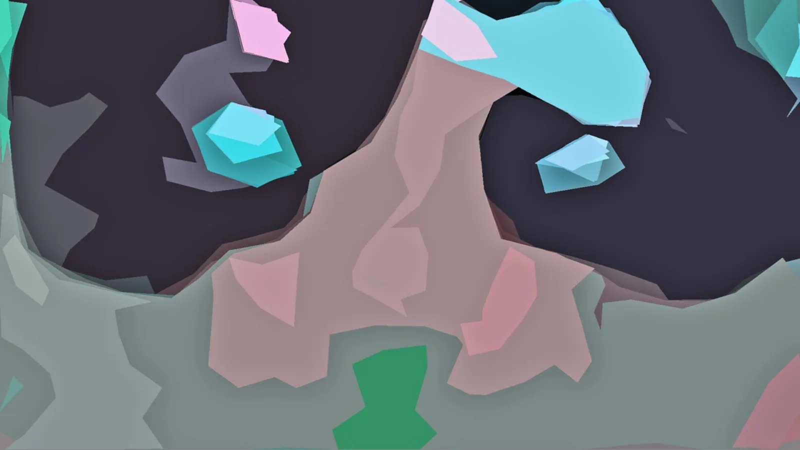 Abstrakte Low-Poly-Landschaft mit dunklem Hintergrund, rosafarbenen und türkisfarbenen Kristallformen und grünlich grauem Vordergrund.