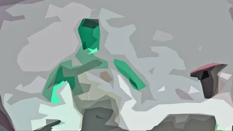 Abstrakte Komposition aus grauen, grünen und hellen Flächen mit kantigen Formen.