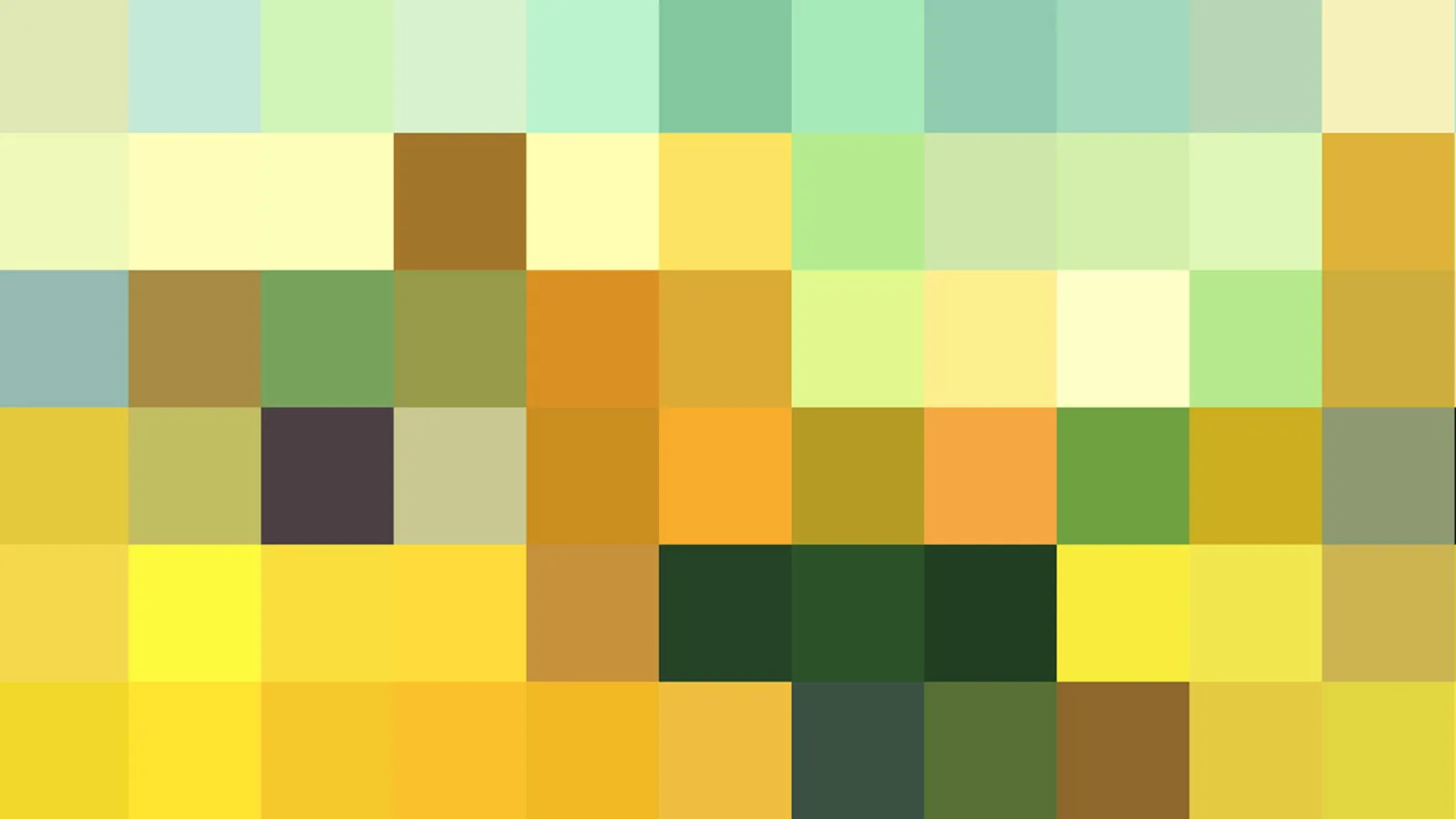 Abstraktes Mosaik aus quadratischen Farbfeldern in Gelb, Grün, Ocker und Dunkelgrün.