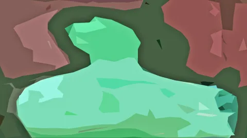 Abstrakte Low-Poly-Komposition: eine große hellgrüne Form in der Bildmitte und oben links sowie rechts rosafarbene Flächen auf dunkelgrünem Grund.