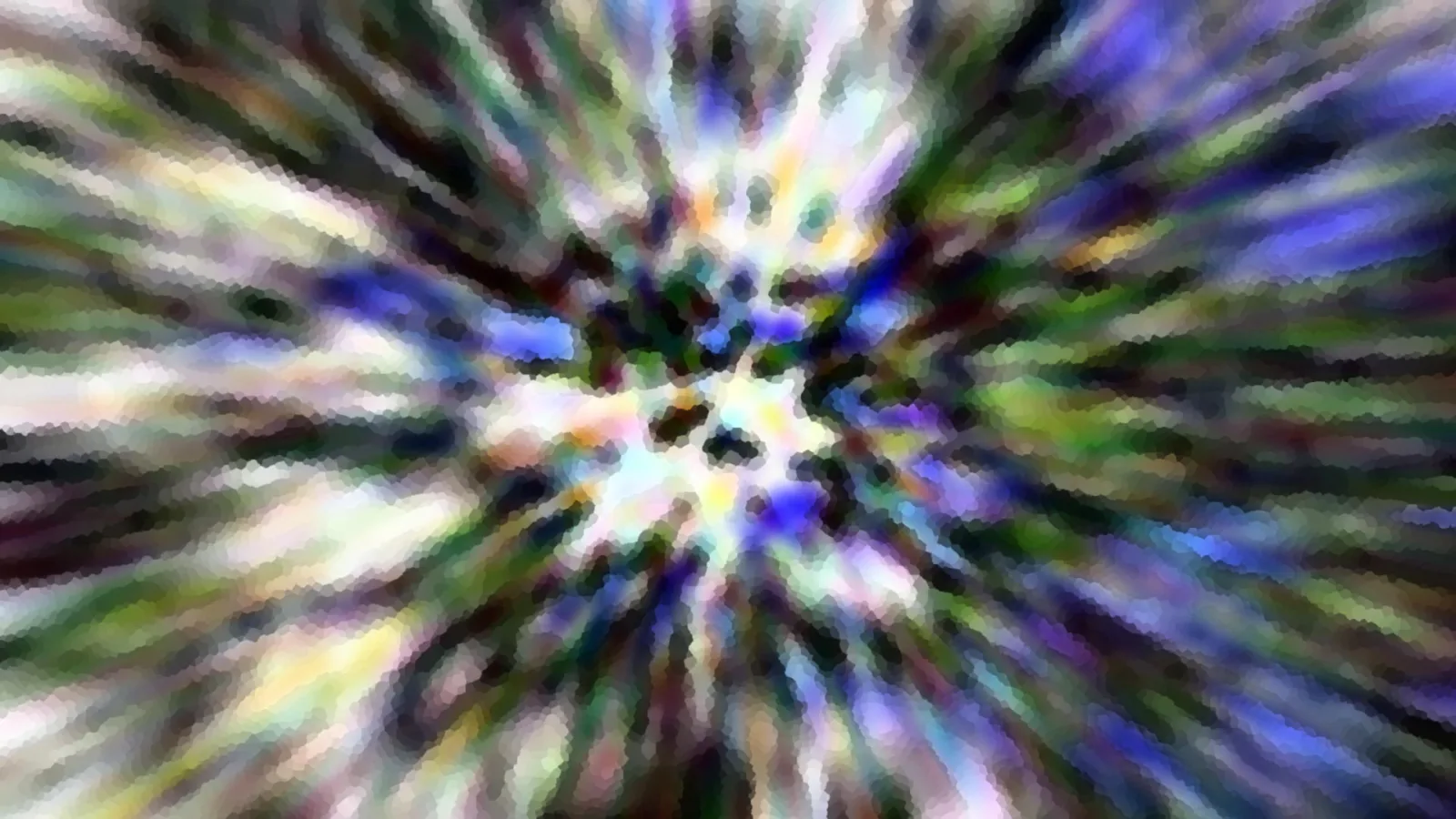 Abstraktes Bild mit Streifen in Blau, Grün und Weiß, die von der Mitte radial nach außen laufen und mosaikartig zerteilt sind.