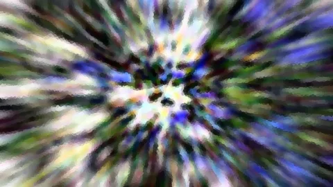 Abstraktes Bild mit Streifen in Blau, Grün und Weiß, die von der Mitte radial nach außen laufen und mosaikartig zerteilt sind.
