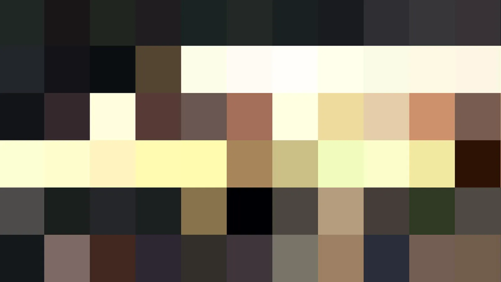 Abstraktes Pixelmosaik aus rechteckigen Farbfeldern in Grün, Schwarz, Weiß, Gelb, Beige, Braun und Rot, in fünf Zeilen angeordnet.