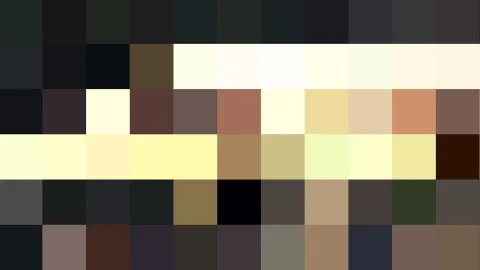 Abstraktes Pixelmosaik aus rechteckigen Farbfeldern in Grün, Schwarz, Weiß, Gelb, Beige, Braun und Rot, in fünf Zeilen angeordnet.