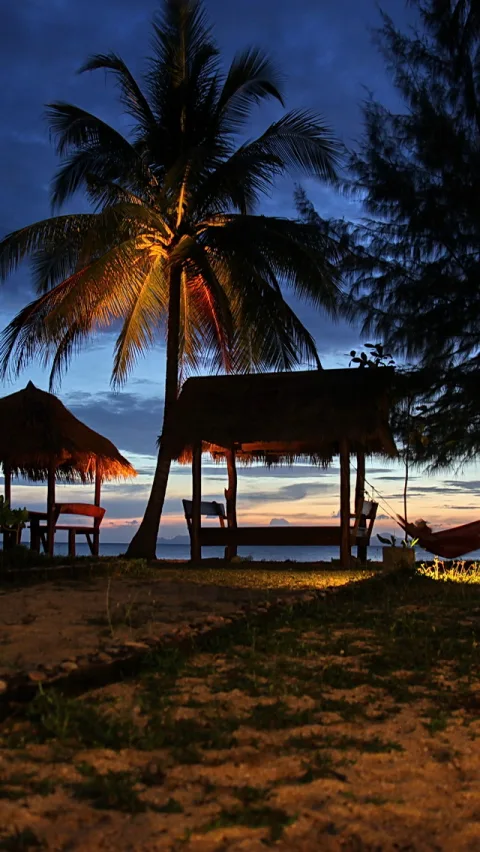 Hochformat-Foto einer beleuchteten Kokospalme neben strohgedeckten Strandhütten und einer Hängematte am Meer in der blauen Stunde nach Sonnenuntergang.