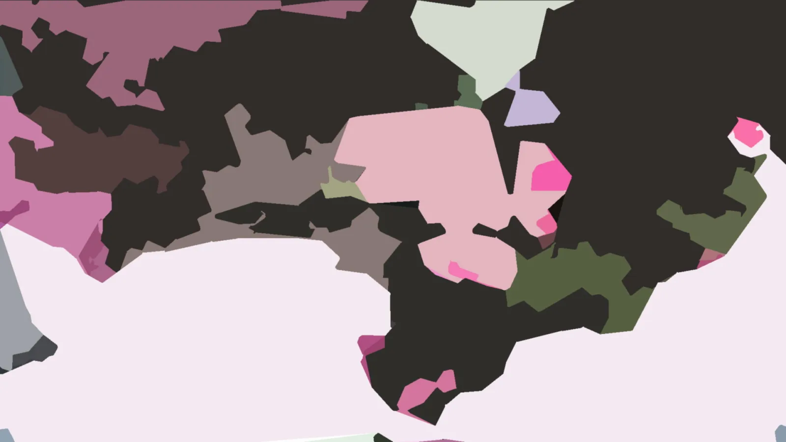 Abstrakte Komposition aus flächigen, kantigen Formen in Rosa, Schwarz, Hellgrau, Lila und Olivgrün.
