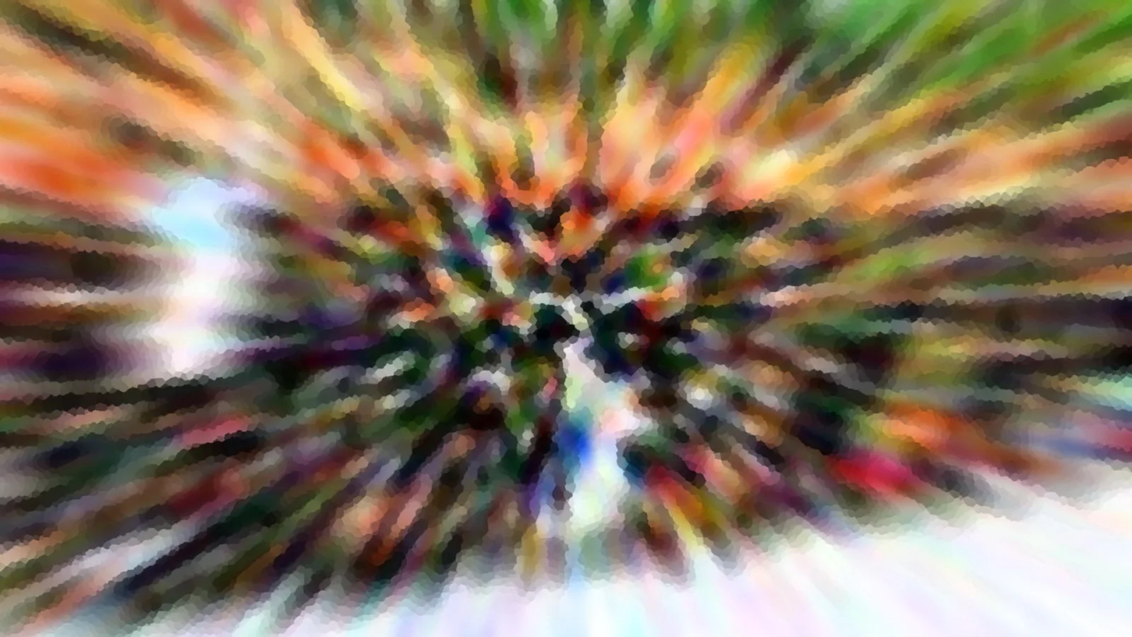 Abstrakte Komposition aus radial verlaufenden, bunten Streifen in Grün, Orange, Violett und Weiß, die von einem dunklen Zentrum nach außen strahlen.