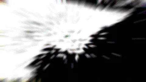 Schwarzweißes abstraktes Bild: Von einem hellen Zentrum aus strahlen weiße Schlieren radial in alle Richtungen, rechts und unten dominiert tiefes Schwarz.