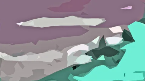 Abstrakte Low-Poly-Komposition mit lila Fläche oben, hellgrauen Schlieren in der Mitte und türkisfarbenen Kristallformen unten rechts.