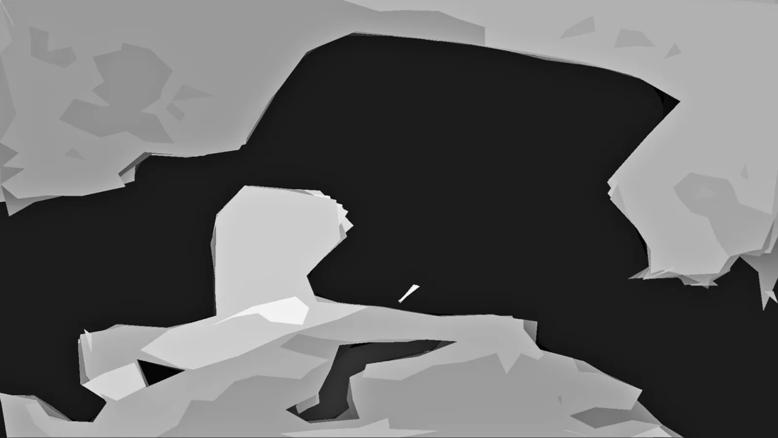 Abstrakte Komposition aus grauen Polygonflächen auf schwarzem Grund, links oben und rechts helle Flächen, unten eine zerklüftete helle Form mit dunkler Lücke.