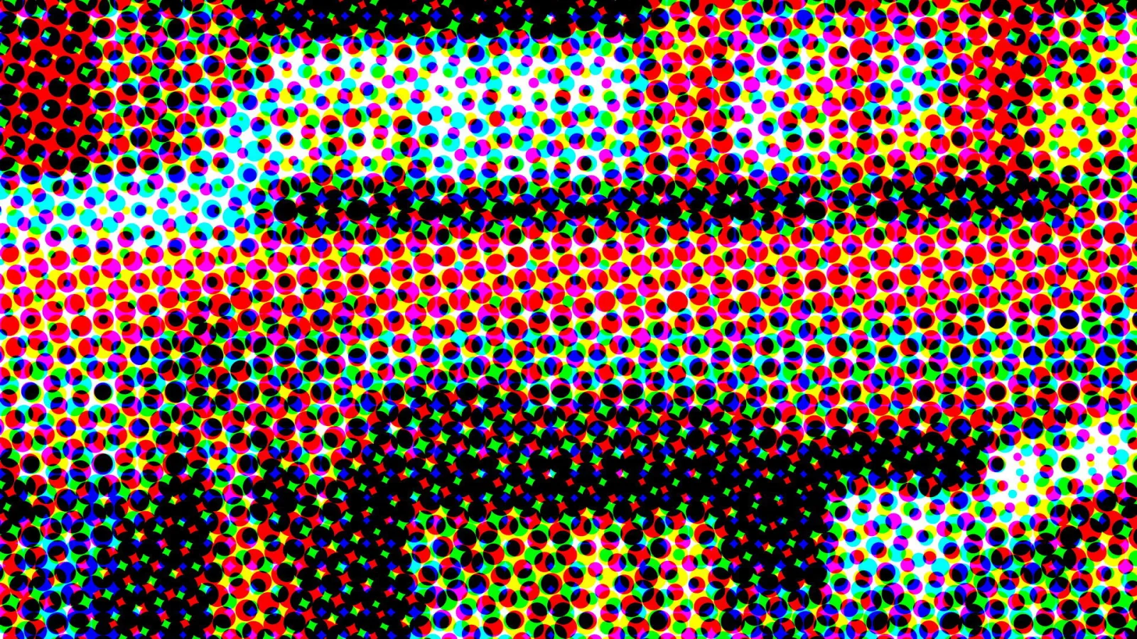 Abstraktes Raster aus dicht gesetzten bunten Punkten in Rot, Gelb, Blau, Grün und Magenta, dazwischen schwarze Flächen.
