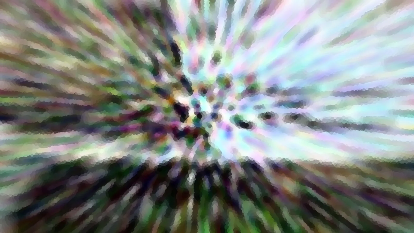 Abstrakte Komposition aus bunten Farbstrahlen, die von einem Zentrum nach außen laufen, mosaikartig verpixelt.