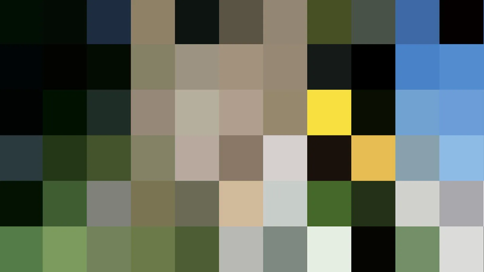 Mosaik aus quadratischen Farbfeldern in Grün, Blau, Gelb und Beige.