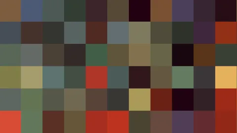 Mosaik aus quadratischen Farbfeldern in Braun, Grün, Rot, Grau und Gelb, dicht nebeneinander in sechs Zeilen angeordnet.