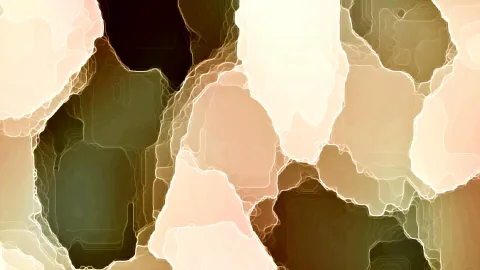 Abstraktes Muster aus großen, unregelmäßigen Flächen in Creme, Rosa, Olivgrün und Braun, die von hellen Konturlinien umrandet sind.