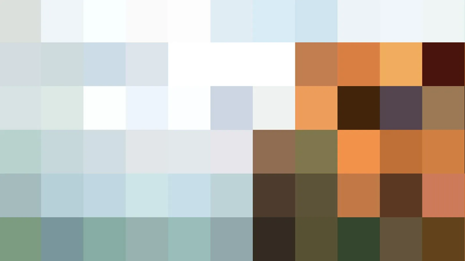 Farbiges Mosaik aus quadratischen Blöcken: oben helle Pastelltöne in Weiß, Blau und Grün, unten dunklere Erdtöne in Braun, Oliv und Orange.