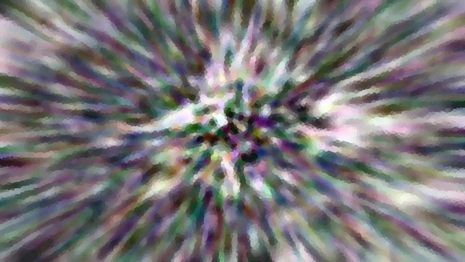 Abstraktes Bild mit farbigen Strahlen, die von einem dunklen Zentrum nach außen laufen, im Stil eines Zoomeffekts mit Bewegungsunschärfe und mosaikartiger Körnung.