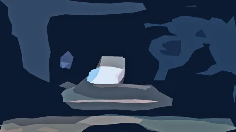 Abstrakte Komposition aus flachen, blaugrauen Formen auf dunkelblauem Grund, im Zentrum ein helles weißes Element auf einem grauen Hügel.