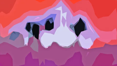 Abstrakte Illustration aus flachen Polygonen in Rot, Violett und Pink, in der Mitte ein helles, gesichtsartiges Motiv mit zwei großen schwarzen Augenhöhlen.