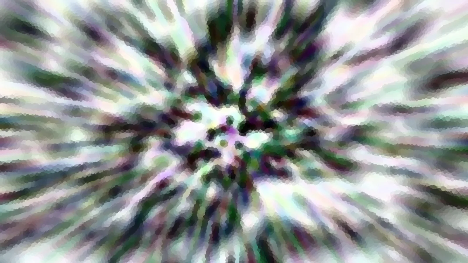 Abstraktes Bild mit radial von der Mitte nach außen laufenden, verwischten Streifen in Grün, Violett, Weiß und Schwarz, die in einem Zentrum zusammenlaufen.